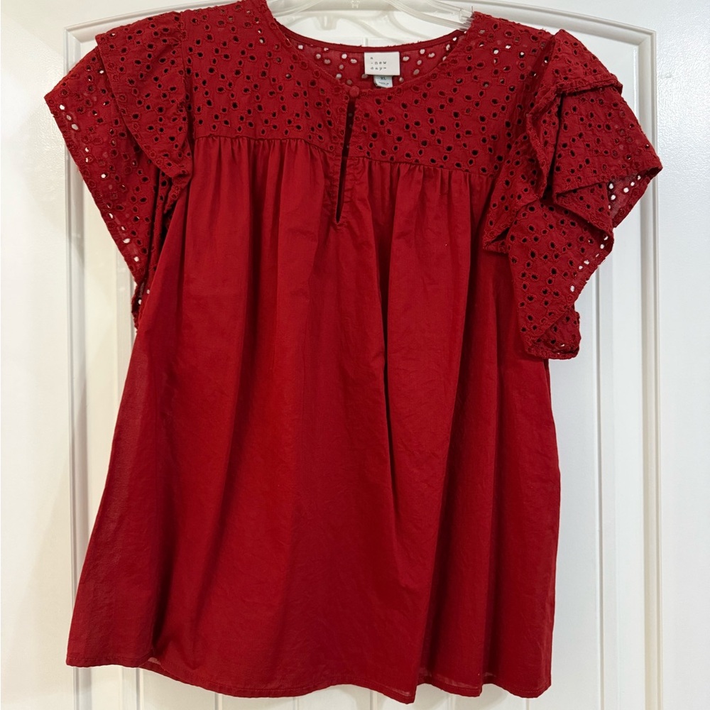 Rust Eyelet Ruffle Sleeve Top